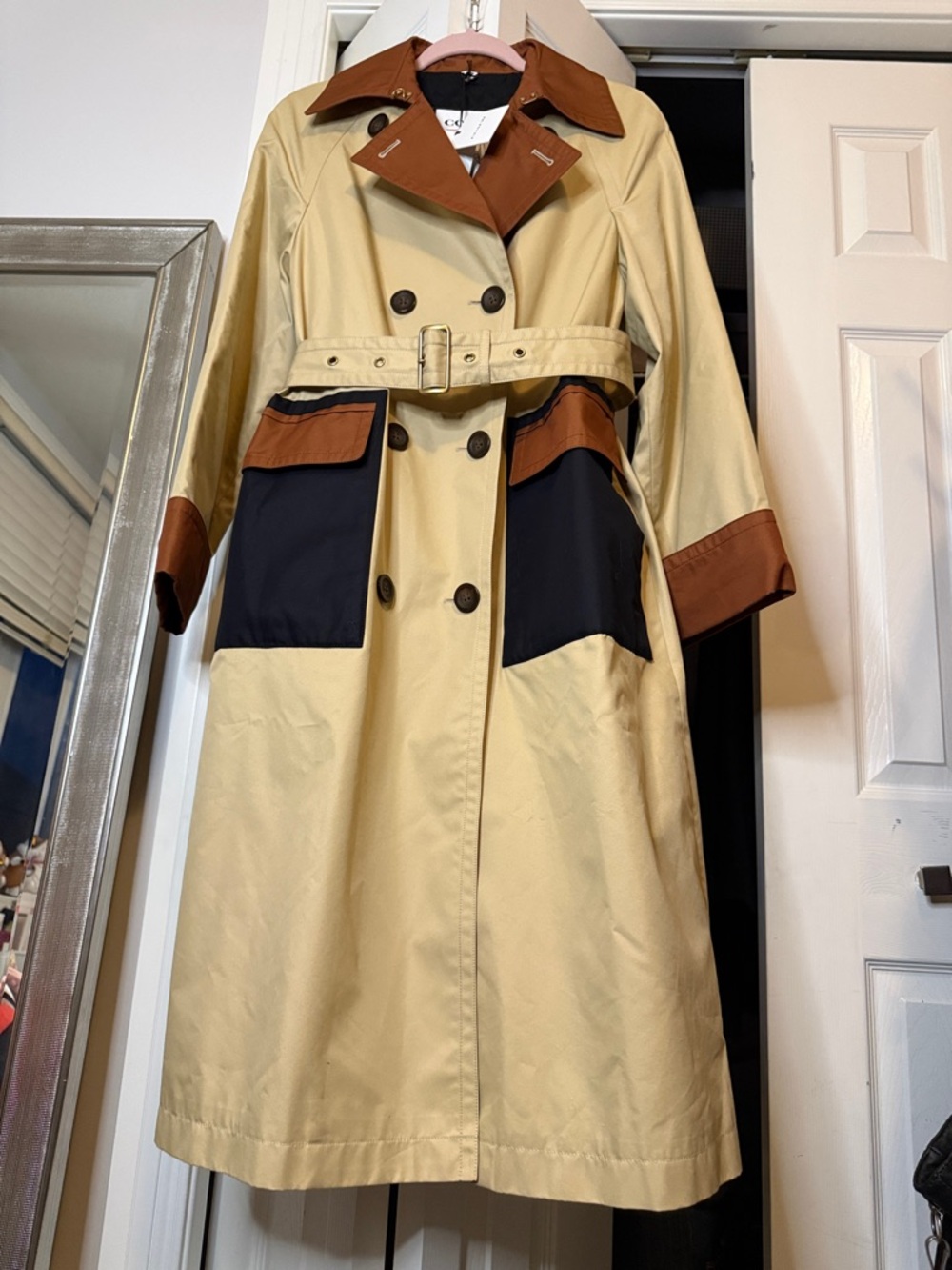 Coach Colorblock Trench Coat in Beige, Rust and Black - Picture 2 of 9